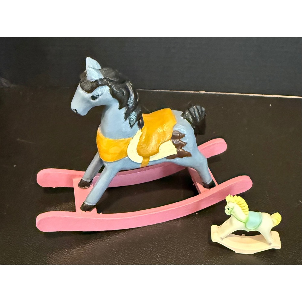 Rocking Horse Blue Pink Miniature Dollhouse Toy Set Of 2 Vintage